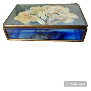 Unique Vintage Blue Glass and Brass Rectangular Jewelry Box with Pressed Flowers